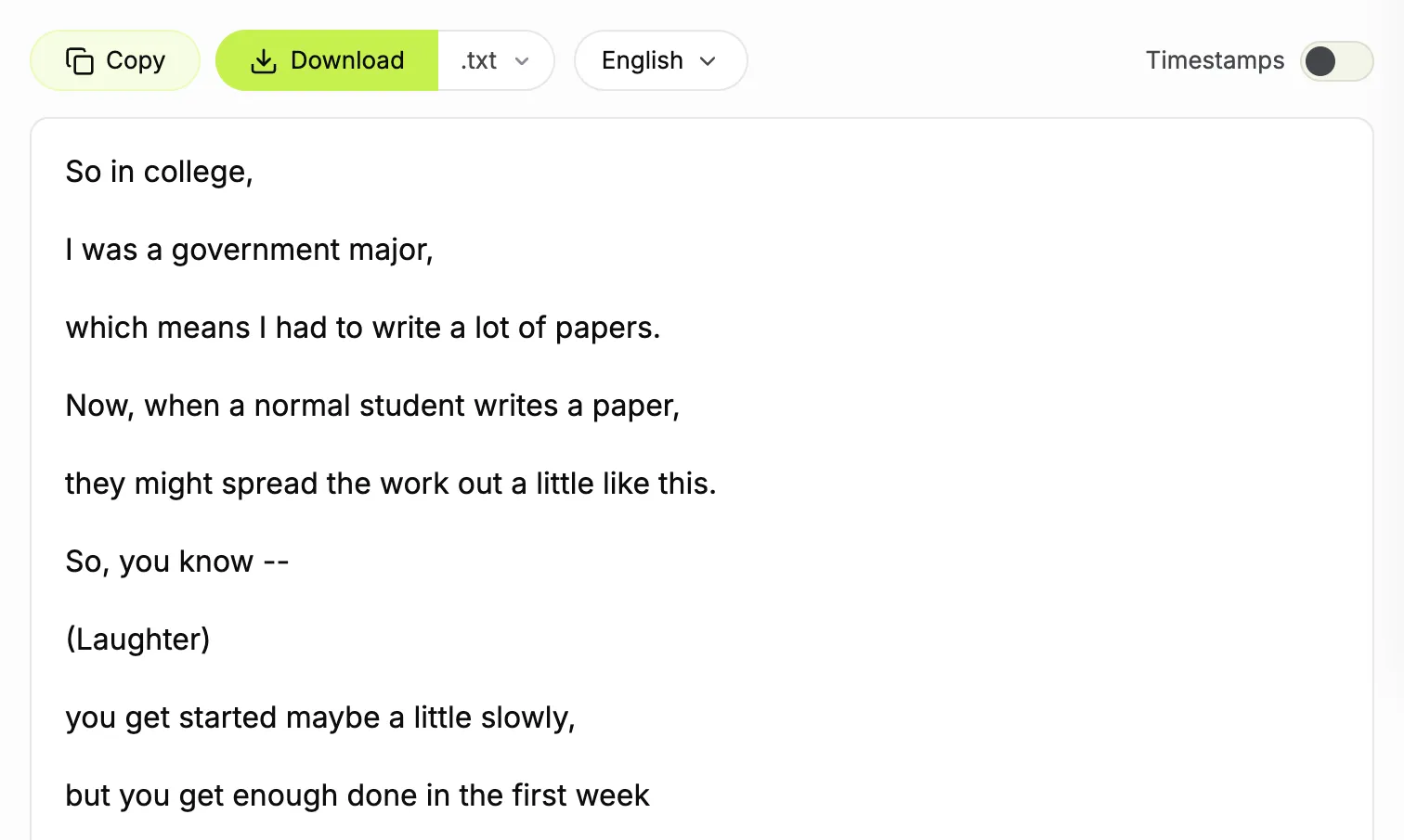 TranscriptYou result for a TED talk: Copy and Download buttons, .txt format, English track selected, Timestamps switched off, and the transcript lines without time codes