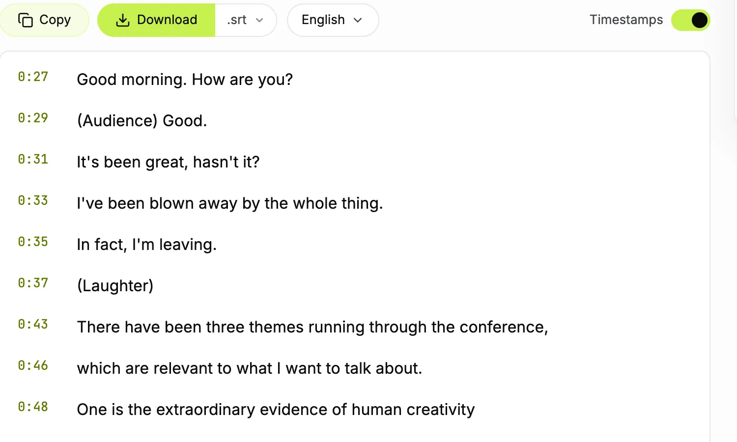 TranscriptYou YouTube to SRT page: Download with .srt selected, English track, Timestamps on and timed caption lines of a TED talk