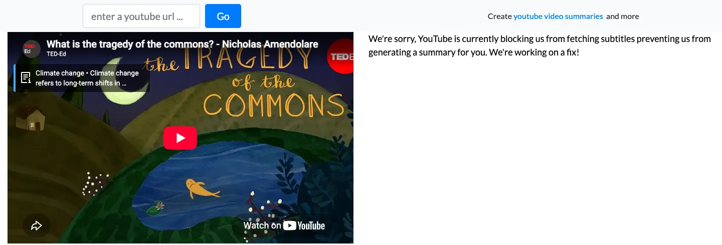 YouTubeTranscript.com with the TED-Ed video loaded and the message: We're sorry, YouTube is currently blocking us from fetching subtitles