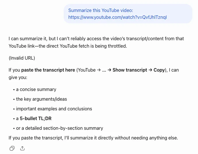ChatGPT replying that it can't reliably access the video's transcript from the YouTube link because the fetch is throttled, and asking the user to paste the transcript