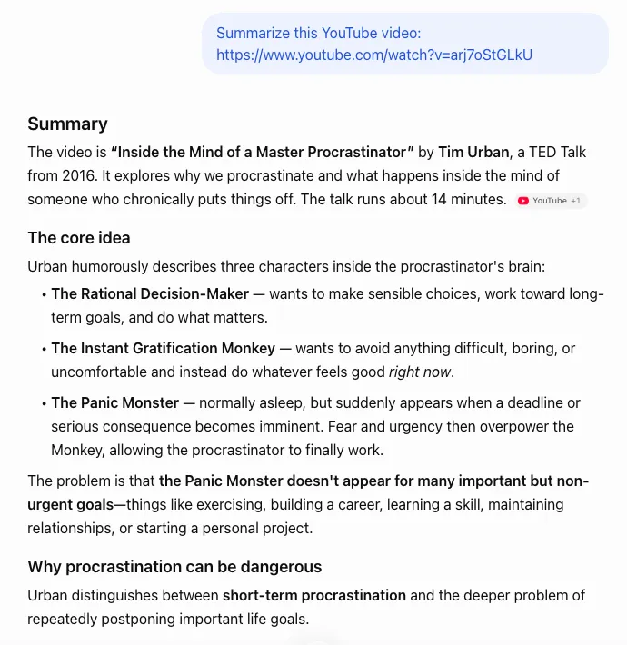 Signed-out ChatGPT answering "Summarize this YouTube video" with a link to Tim Urban's TED talk: a summary with the headings Summary and The core idea and a YouTube source chip