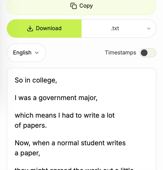TranscriptYou on a phone: Copy and Download buttons, Timestamps switched off and the TED talk text without time codes