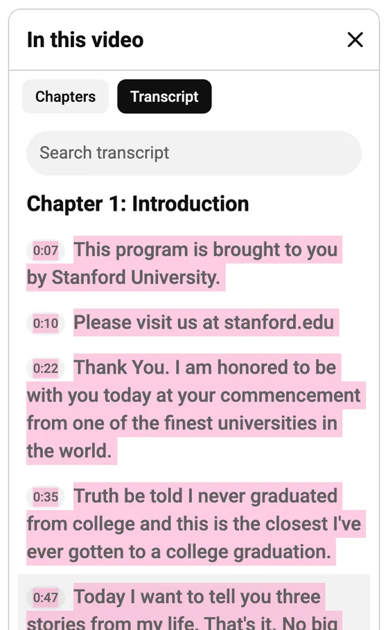 Five lines of the YouTube panel highlighted after dragging the mouse from the first line down