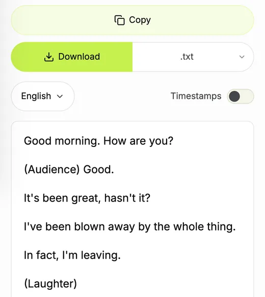 TranscriptYou on a phone: full-width Copy and Download buttons, the language menu and the Timestamps switch off above the text