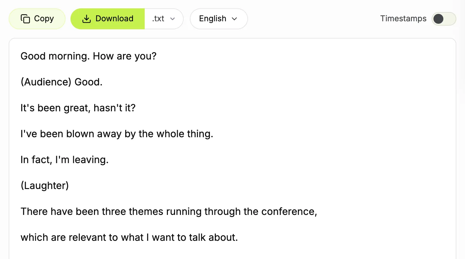 TranscriptYou toolbar with Copy, Download .txt, the English track and the Timestamps switch off above plain transcript lines