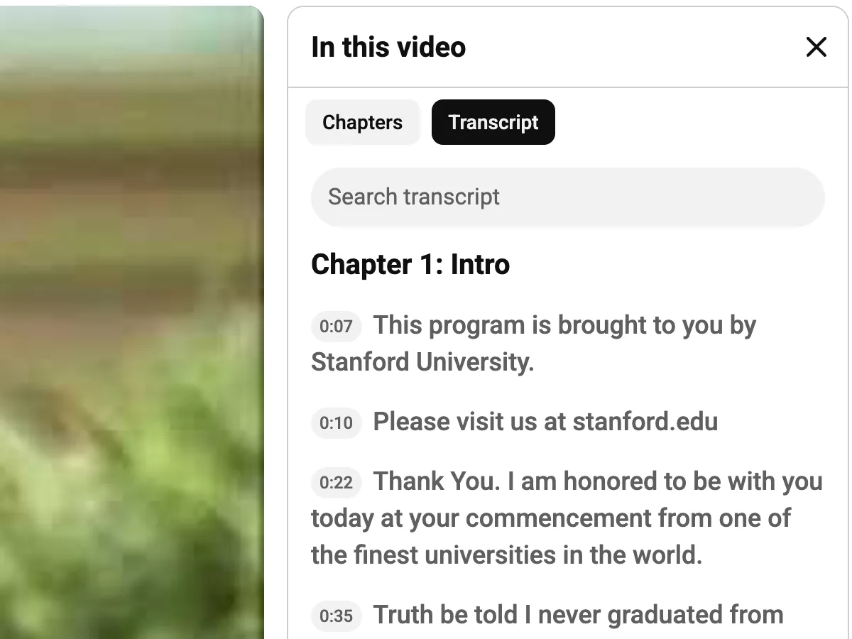Screenshot of a public YouTube video on desktop with the In this video panel open on the Transcript tab, timed lines of Steve Jobs' Stanford speech listed