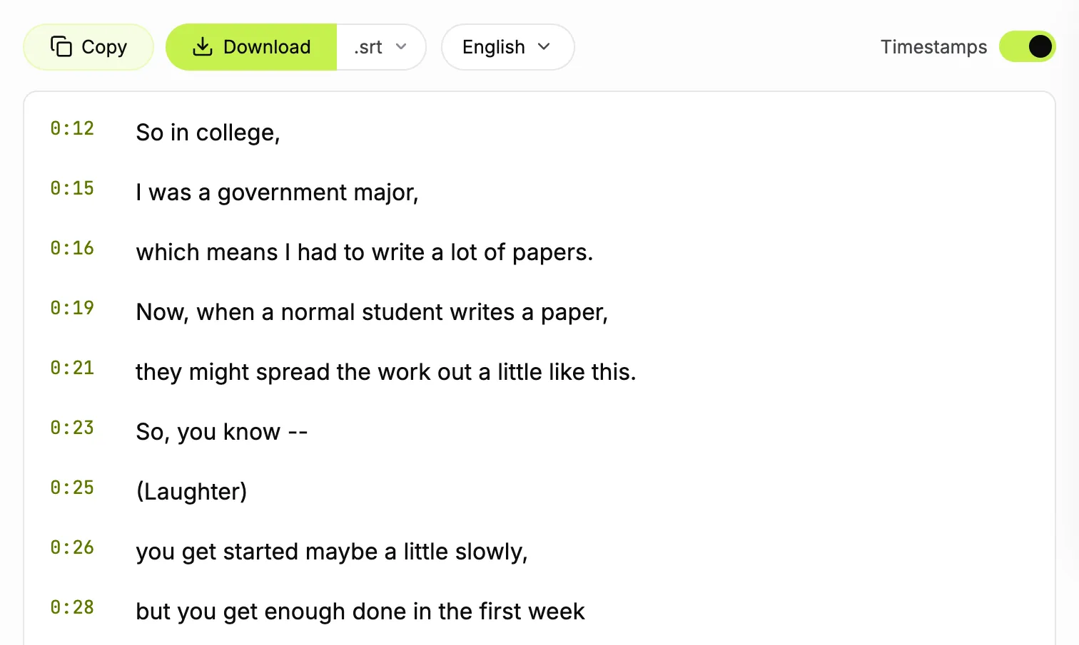 TranscriptYou YouTube to SRT result: .srt selected, English track, timestamped caption lines