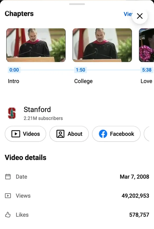 Expanded video description on m.youtube.com at phone width ending with chapters, channel and video details, with no Transcript section