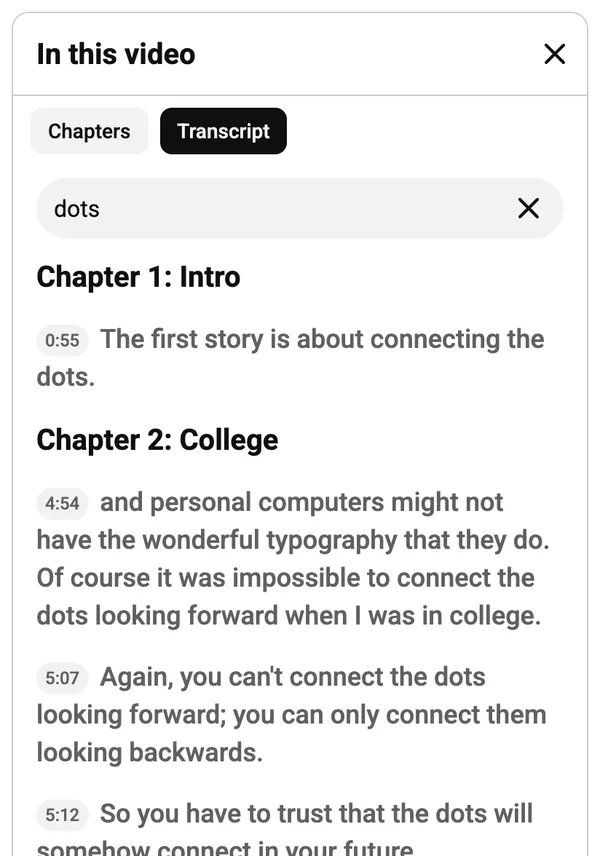 YouTube panel with the word dots typed into Search transcript and only the matching lines left