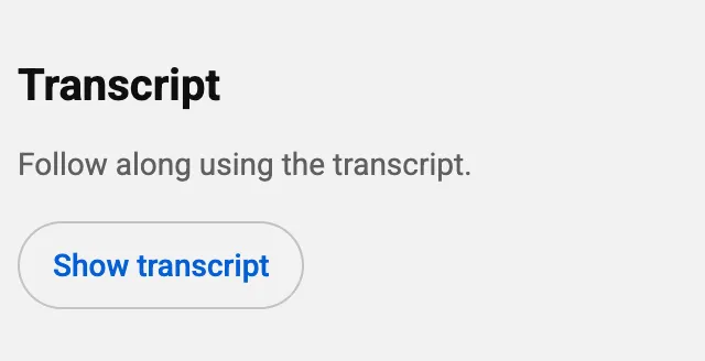 Transcript section at the end of an expanded YouTube video description with the Show transcript button