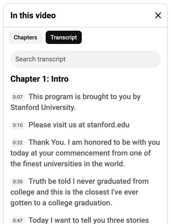 New YouTube transcript panel with a search field, chapter heading and timestamped lines, without a three-dot menu