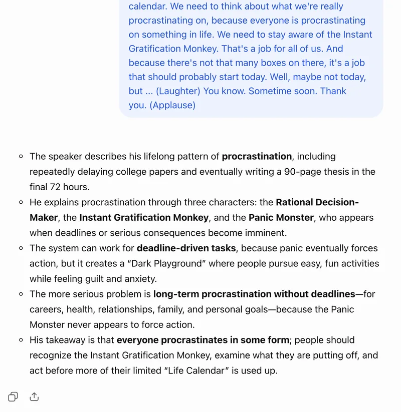 ChatGPT without sign-in: the end of a pasted TED talk transcript and a five-bullet summary written from it