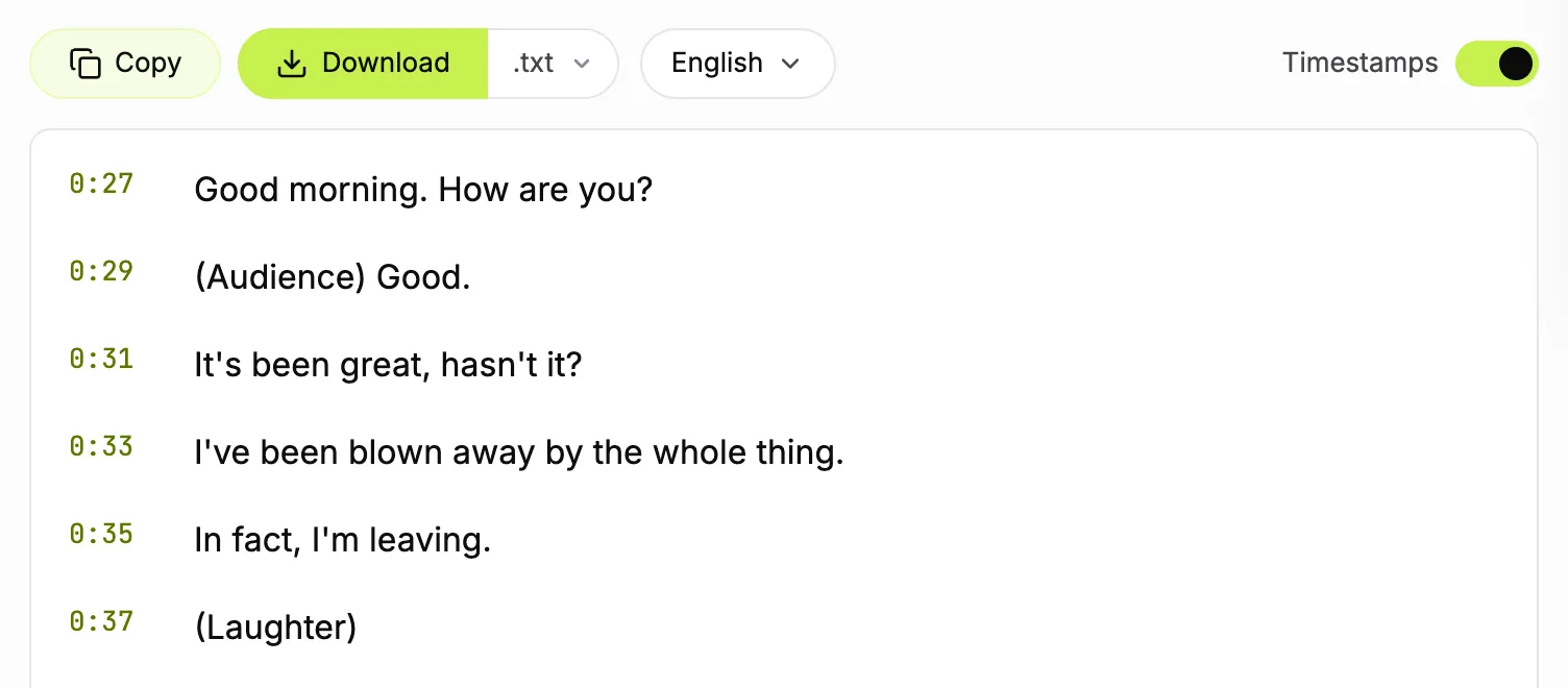 TranscriptYou toolbar with Copy, Download .txt, the English track and Timestamps on above timestamped transcript lines