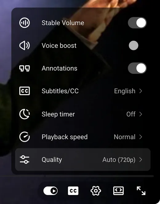 YouTube player settings menu with the Subtitles/CC row set to English and the CC button in the control bar