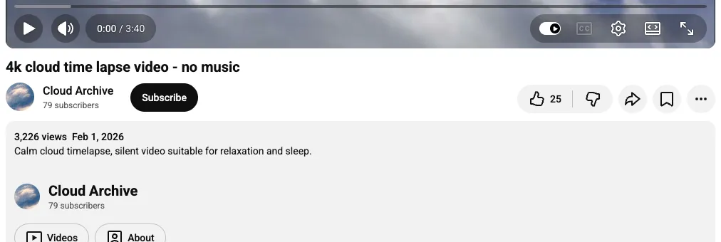 YouTube on desktop: a silent cloud time-lapse with a greyed-out CC button, and an expanded description that ends with the channel card and no Show transcript button